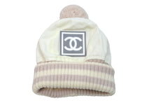 画像をギャラリービューアに読み込む, CHANEL シャネル スポーツライン ココマーク ニットキャップ ボンボン 裏起毛 ホワイト ピンク サイズM 美品 中古 59475