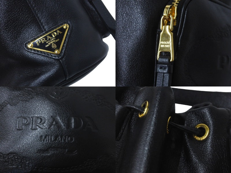 PRADA プラダ 2WAYハンドバッグ ショルダーストラップ付き 巾着型 1BH038 カーフスキン ブラック ルーマニア製 美品 中古 59870  – Casanova Vintage