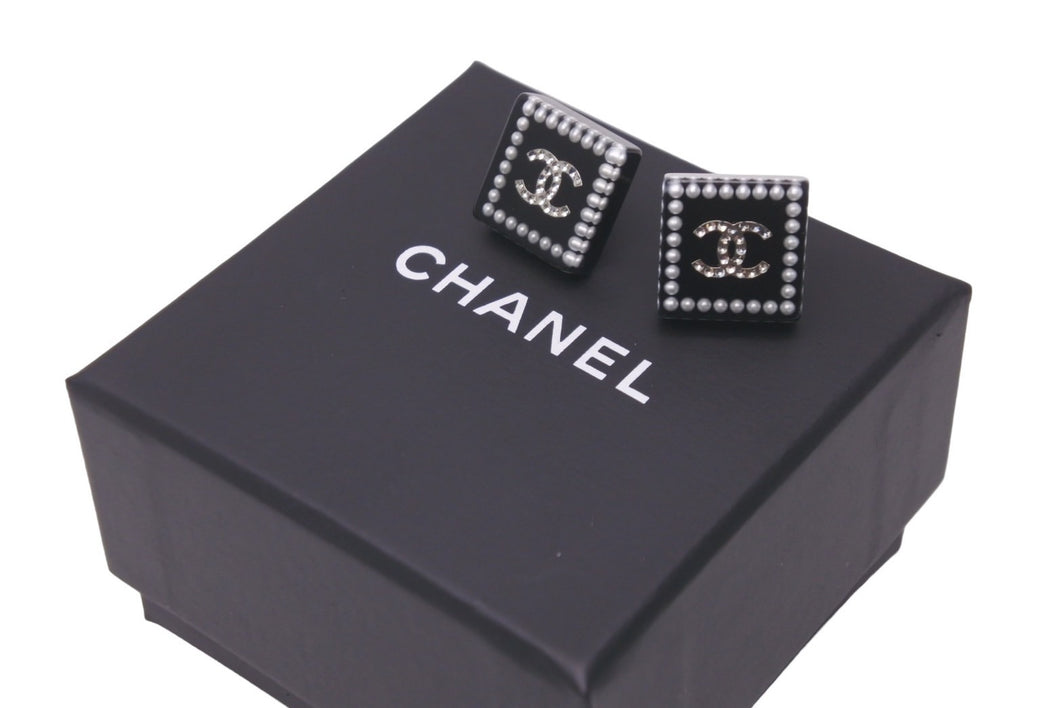 極美品 CHANEL シャネル ピアス ココマーク スクエア ブラック ライン