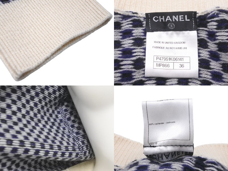 極美品 CHANEL シャネル カシミヤ カーディガン ホワイト ネイビー 総柄 ココマーク P47951K06141 サイズ36 中古 59960  – Casanova Vintage