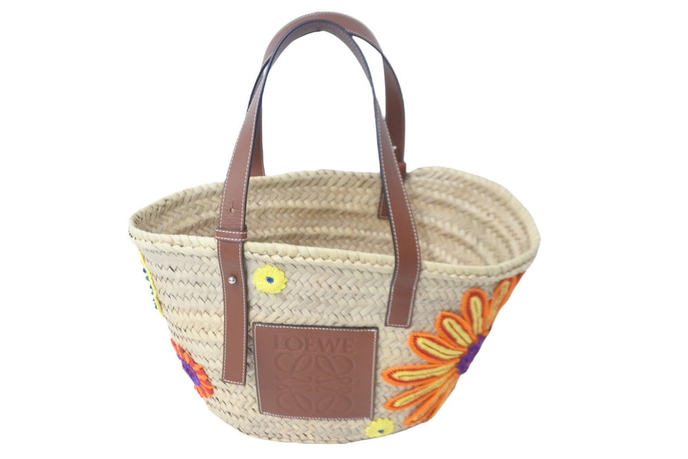 LOEWE ロエベ カゴバッグ バスケット ハンドバッグ ロゴ ラフィア レザー ベージュ ブラウン 美品 中古 59967