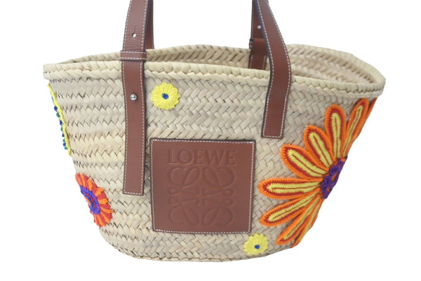 LOEWE ロエベ カゴバッグ バスケット ハンドバッグ ロゴ ラフィア レザー ベージュ ブラウン 美品 中古 59967
