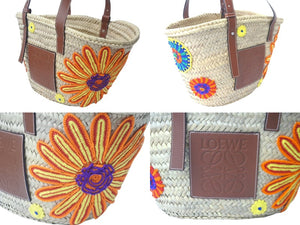 LOEWE ロエベ カゴバッグ バスケット ハンドバッグ ロゴ ラフィア レザー ベージュ ブラウン 美品 中古 59967