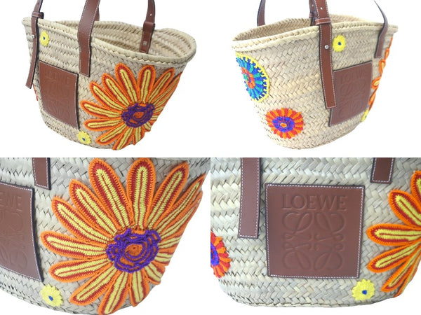 LOEWE ロエベ カゴバッグ バスケット ハンドバッグ ロゴ ラフィア レザー ベージュ ブラウン 美品 中古 59967