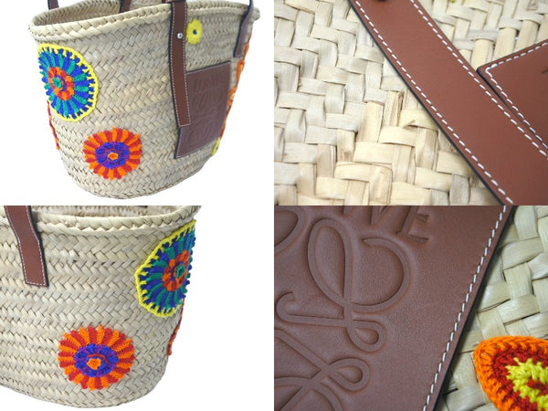 LOEWE ロエベ カゴバッグ バスケット ハンドバッグ ロゴ ラフィア レザー ベージュ ブラウン 美品 中古 59967