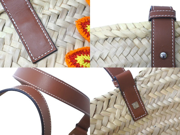 LOEWE ロエベ カゴバッグ バスケット ハンドバッグ ロゴ ラフィア レザー ベージュ ブラウン 美品 中古 59967