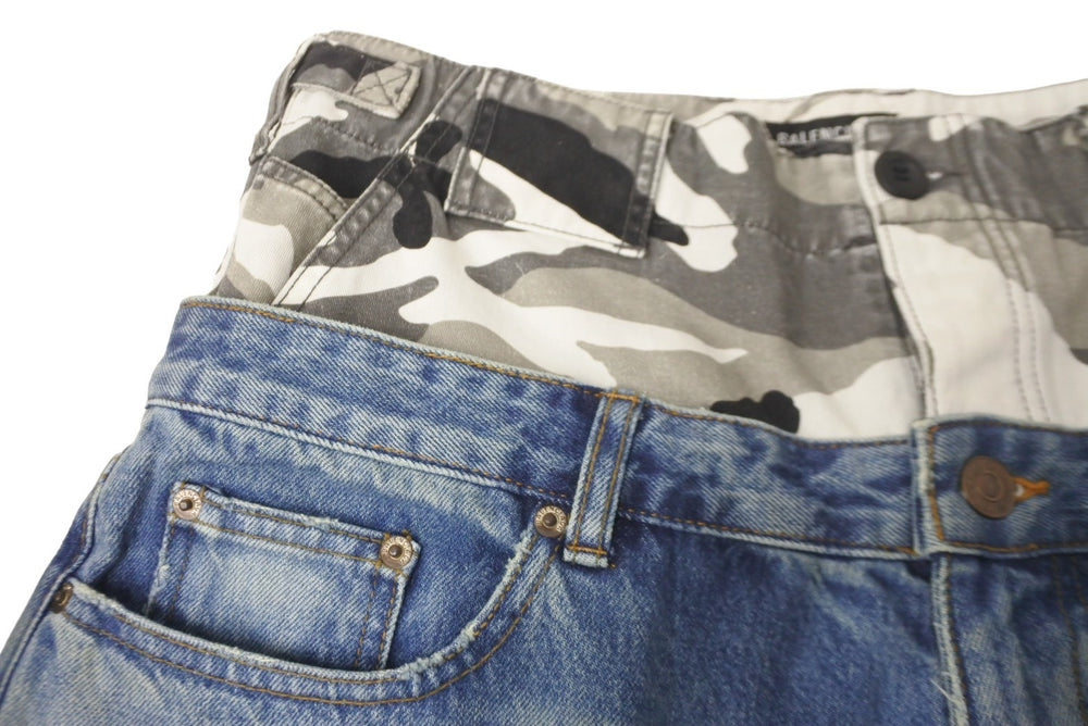 Mint condition BALENCIAGA layered wide jeans denim pants camouflage 21FW distressed blue size L 661609 TDW14 Used 60185