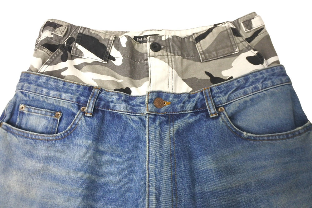 Mint condition BALENCIAGA layered wide jeans denim pants camouflage 21FW distressed blue size L 661609 TDW14 Used 60185