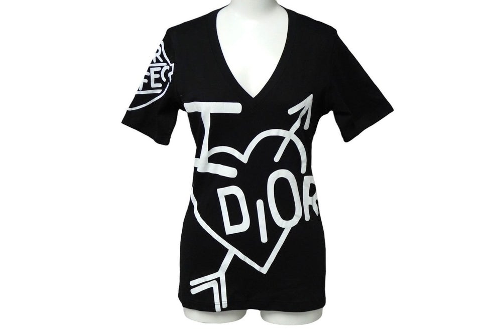 Christian Dior クリスチャンディオール 半袖VネックＴシャツ 4A16155957 ブラックホワイト コットン 美品 中古 60318