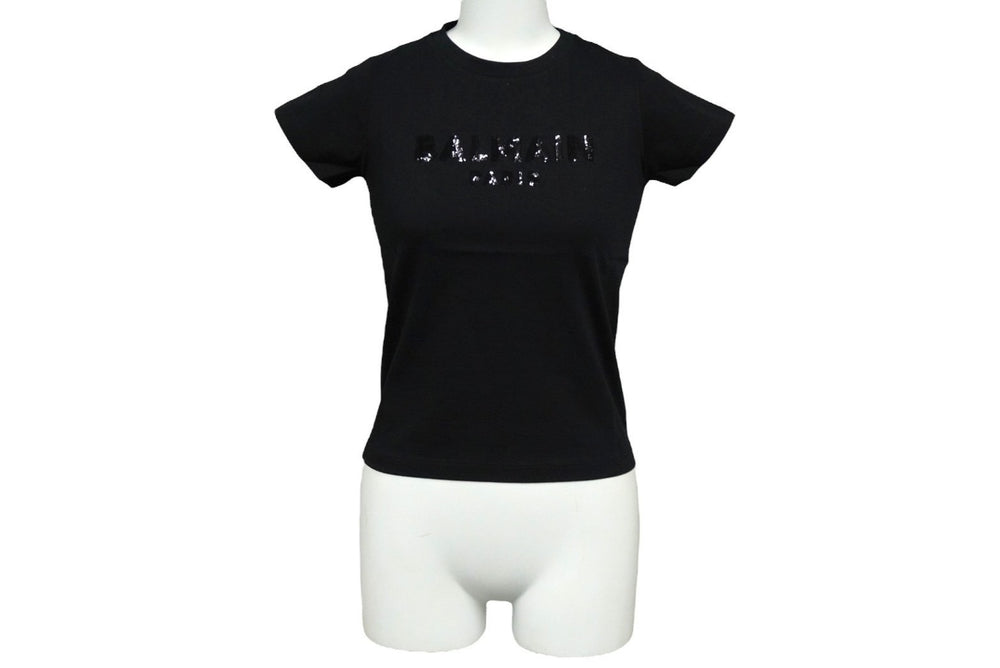 極美品 BALMAIN バルマン 半袖Ｔシャツ トップス ブラック サイズ6A スパンコール コットン 6M8071 MA030 中古 60389