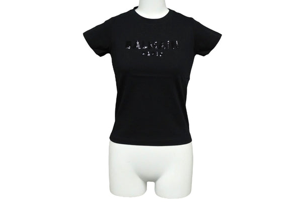 極美品 BALMAIN バルマン 半袖Ｔシャツ トップス ブラック サイズ6A スパンコール コットン 6M8071 MA030 中古 60389