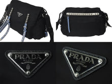 Load image into Gallery viewer, PRADA プラダ ナイロン スタッズ ショルダーバッグ ブラック トライアングルロゴ シルバー金具 レザー 1BD118 美品 中古 60418