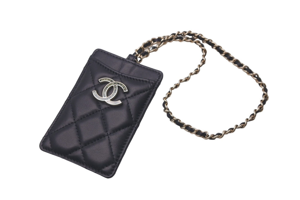 極美品 CHANEL シャネル カードケース マトラッセ チェーンストラップ ラムスキン A01745 ブラック ゴールド金具 中古 60551