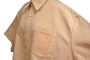 RAF SIMONS ラフシモンズ レザーパッチ付きオーバーサイズ半袖デニムシャツ 23SS 231 M245 ピンク サイズS 良品 中古 60752