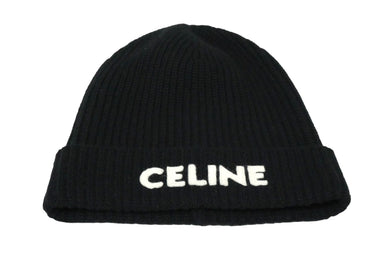 極美品 CELINE セリーヌ エンブロイダリー ロゴ ニットキャップ ブラック ウール ビーニー 現行 2A25R535Q ONE SIZE 中古 61028