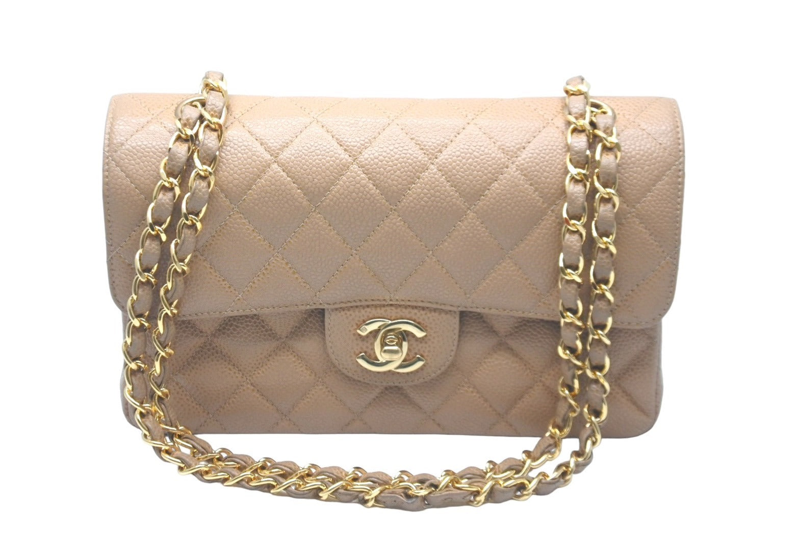 極美品 CHANEL マトラッセ Wフラップ チェーンショルダー キャビアスキン 6番台 23cm ショルダーバッグ ベージュ ゴールド金具 中古  61101 – Casanova Vintage